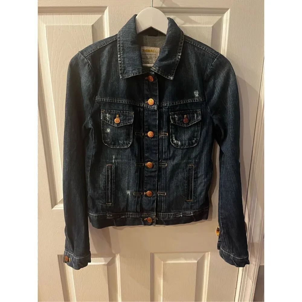 J. Crew Distressed Denim Broken In Stone Washed Buckle Back Jacket sz XS EUC